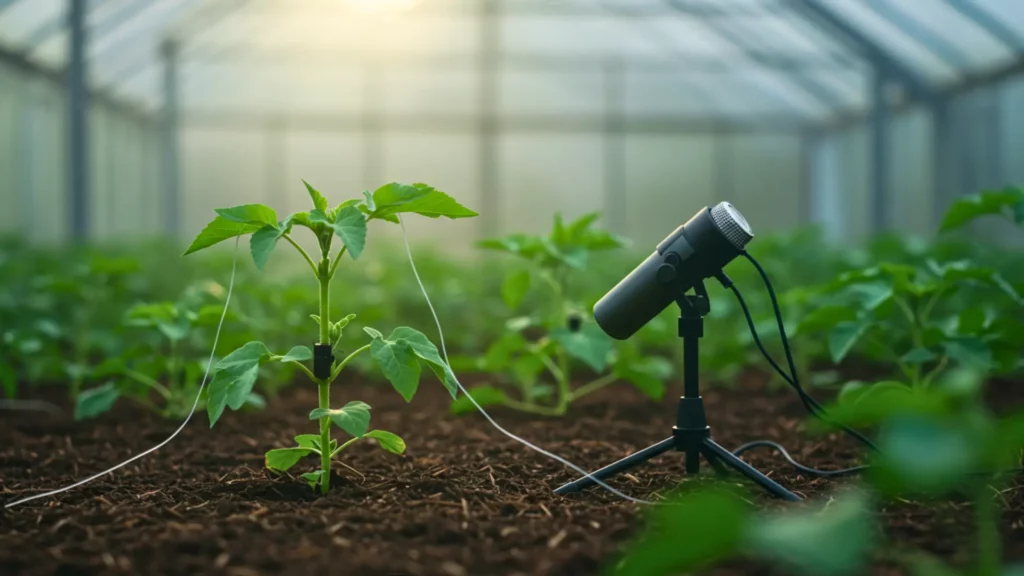 Microphone enregistrant les sons ultrasoniques émis par une plante en croissance dans une serre expérimentale