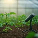 Microphone enregistrant les sons ultrasoniques émis par une plante en croissance dans une serre expérimentale