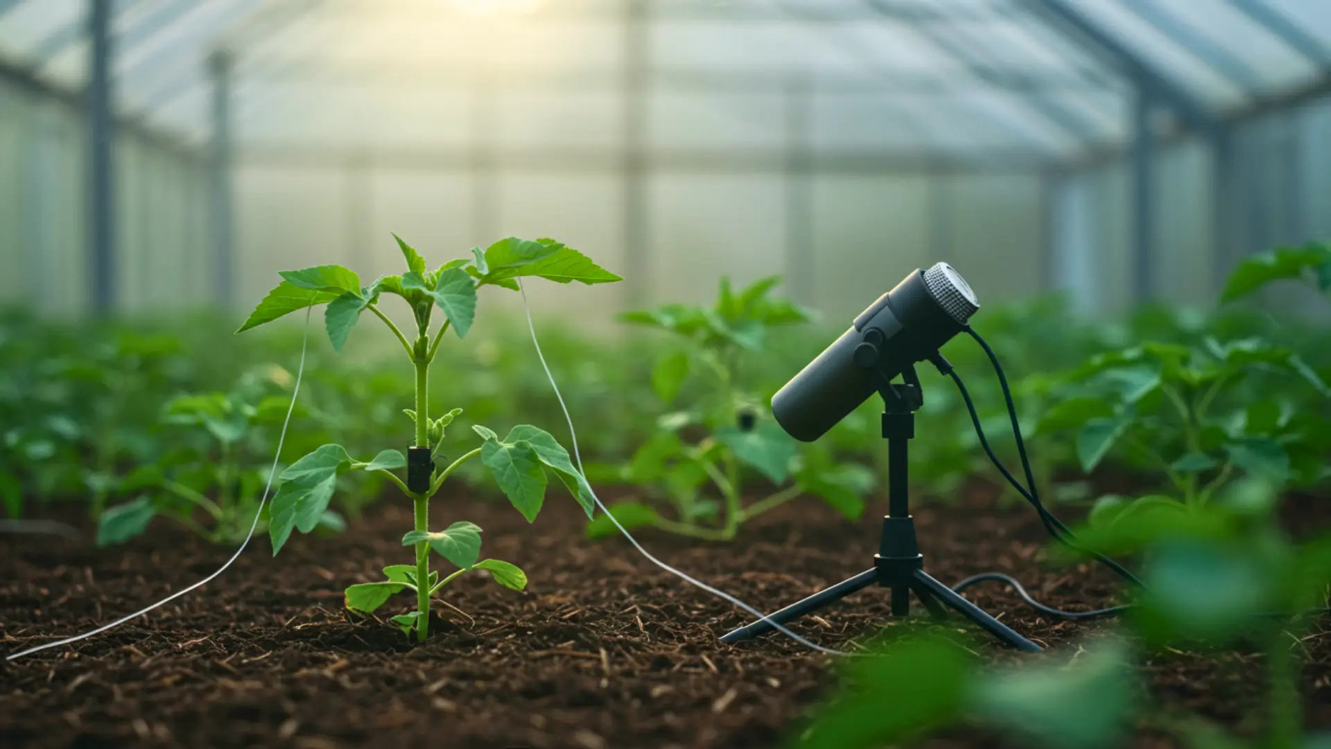 Microphone enregistrant les sons ultrasoniques émis par une plante en croissance dans une serre expérimentale