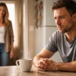 Homme pensif assis à une table avec une tasse de café, une femme floue en arrière-plan, illustrant tension émotionnelle et réflexion intérieure