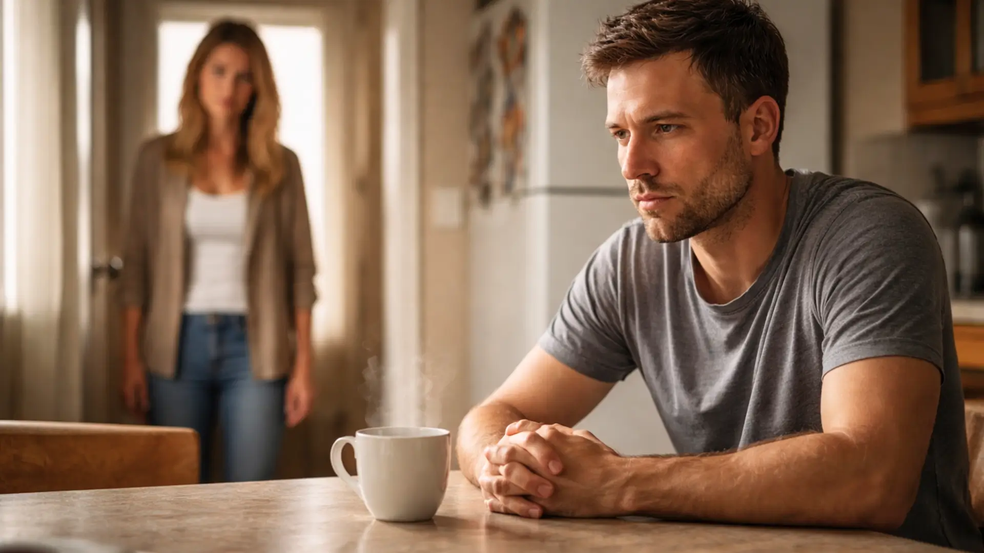 Homme pensif assis à une table avec une tasse de café, une femme floue en arrière-plan, illustrant tension émotionnelle et réflexion intérieure