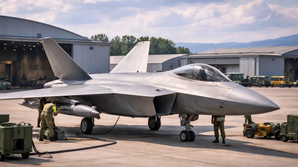 Avion de chasse moderne au sol sur une base militaire avec techniciens en maintenance