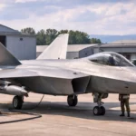 Avion de chasse moderne au sol sur une base militaire avec techniciens en maintenance