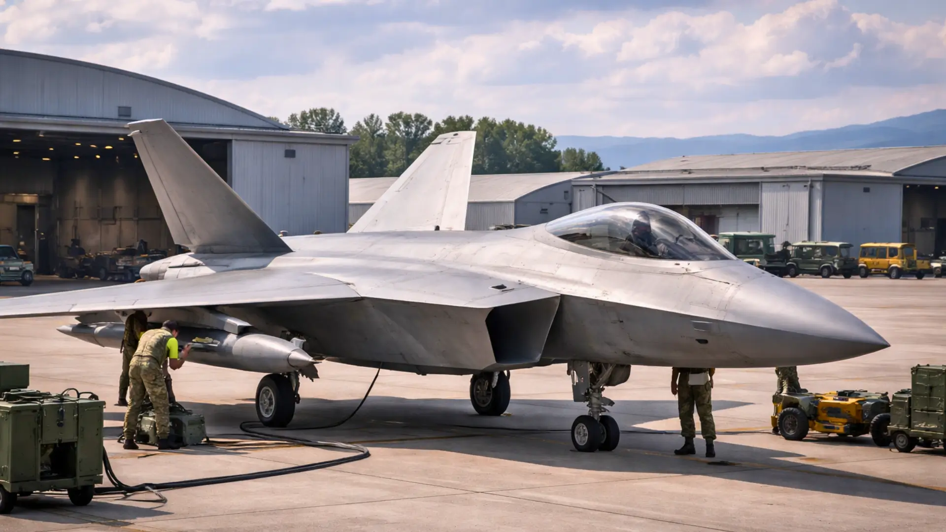 Avion de chasse moderne au sol sur une base militaire avec techniciens en maintenance