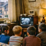 Enfants assis devant une télévision ancienne dans un salon des années 1950