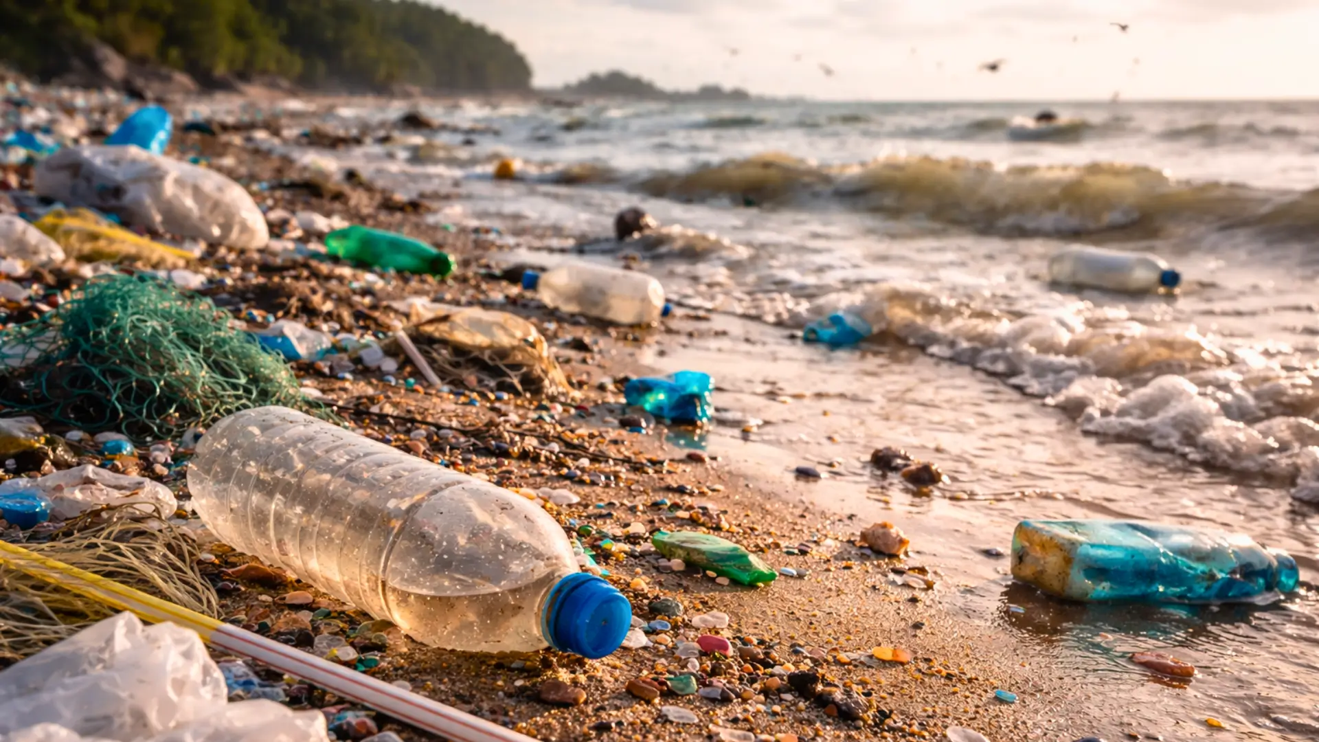 Déchets plastiques et bouteilles en plastique échoués sur une plage polluée par les microplastiques en bord de mer.