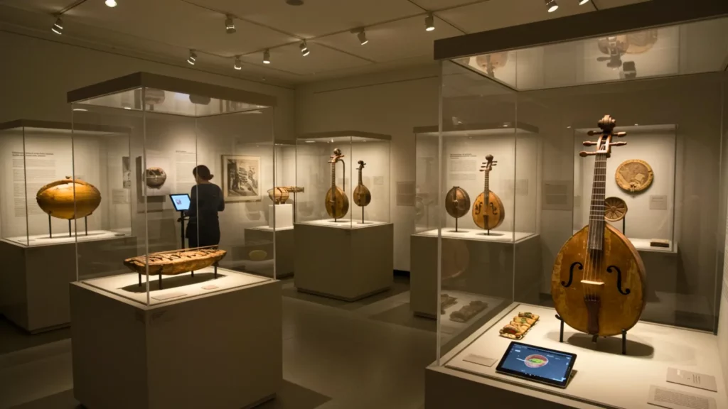 Instruments de musique anciens exposés dans des vitrines de musée