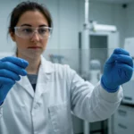 Chercheuse en laboratoire observant un matériau métallique transparent entre ses mains