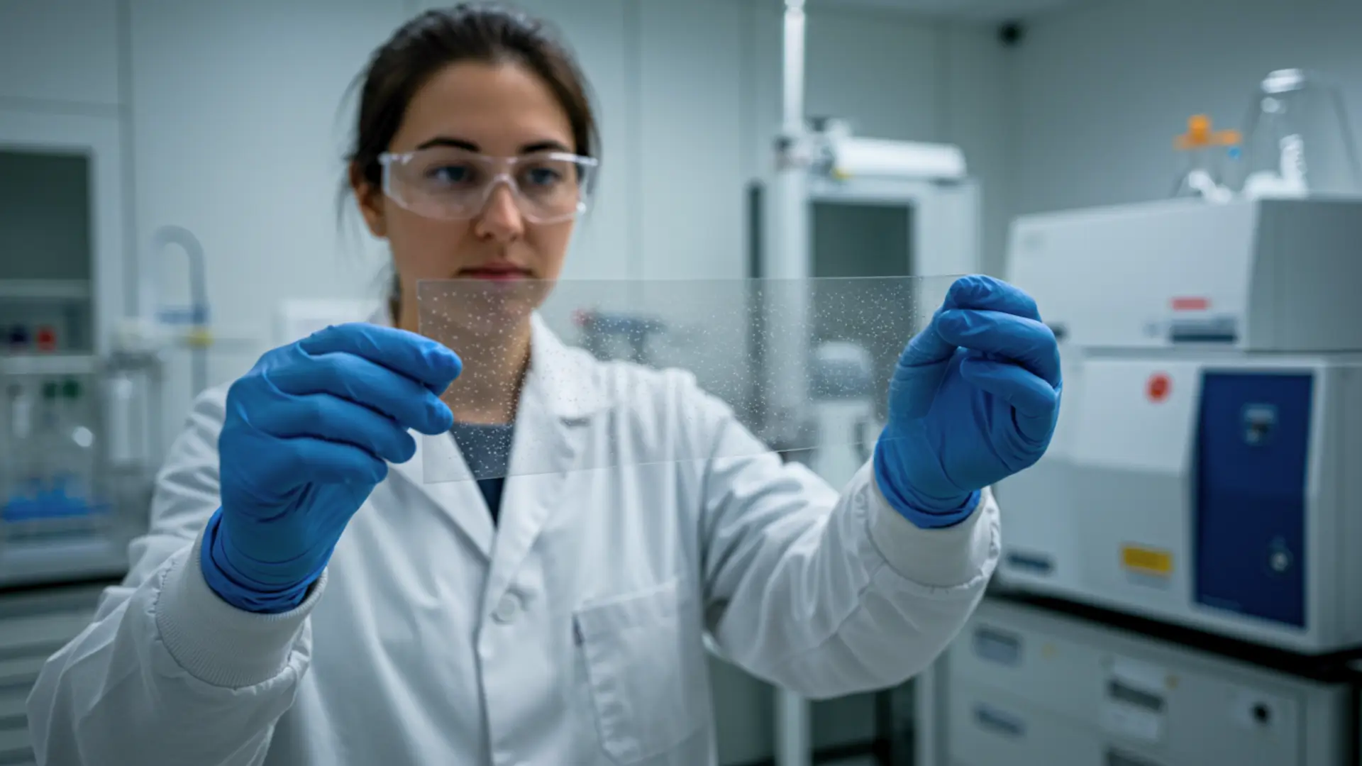 Chercheuse en laboratoire observant un matériau métallique transparent entre ses mains