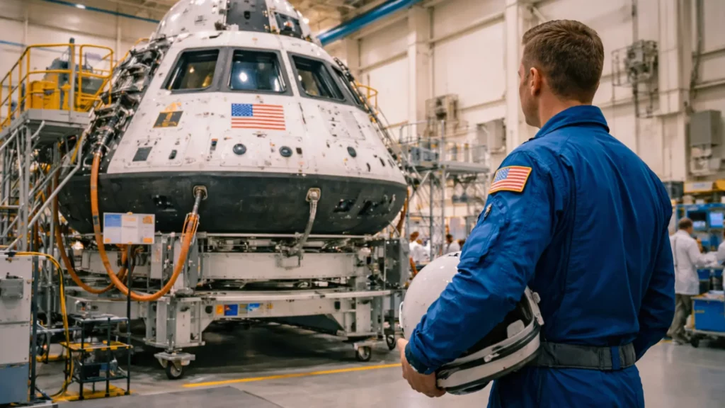 Astronaute de dos observant la capsule Orion en test dans un laboratoire de la NASA