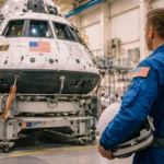 Astronaute de dos observant la capsule Orion en test dans un laboratoire de la NASA
