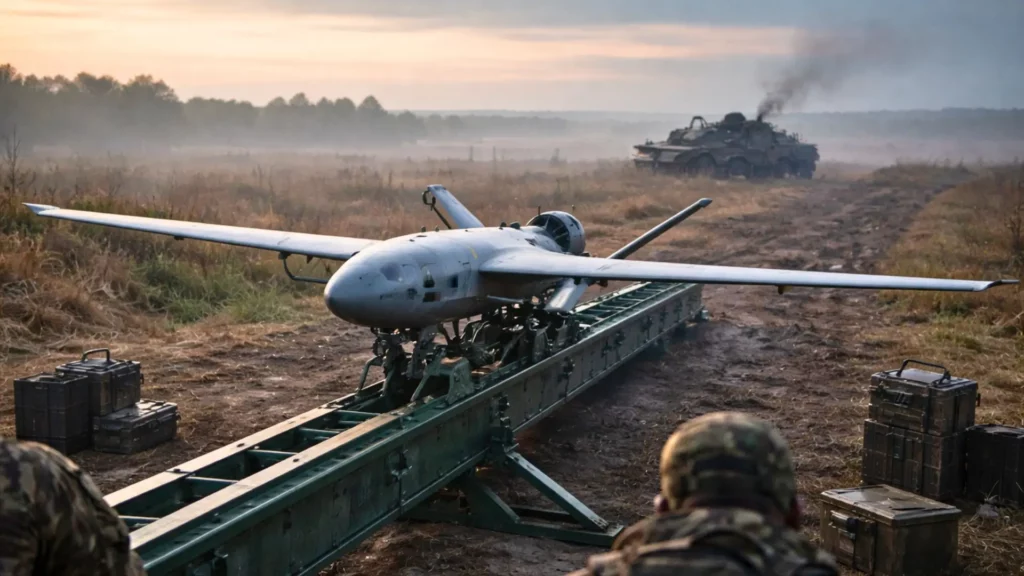 Un drone d’attaque de type militaire est positionné sur une catapulte de lancement dans un champ en Ukraine à l’aube, avec un véhicule blindé endommagé visible au loin.