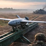 Un drone d’attaque de type militaire est positionné sur une catapulte de lancement dans un champ en Ukraine à l’aube, avec un véhicule blindé endommagé visible au loin.