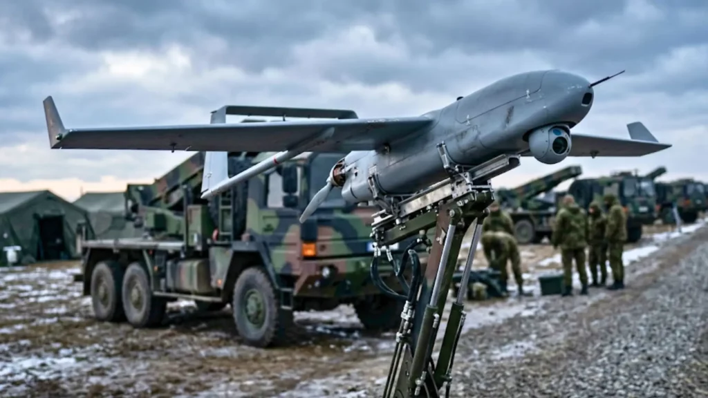 Un drone kamikaze européen est positionné sur un lanceur terrestre dans une base militaire, prêt au déploiement.