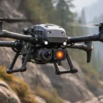Un drone autonome de recherche et sauvetage vole au-dessus d’un paysage montagneux boisé, avec capteurs thermiques et optiques visibles.