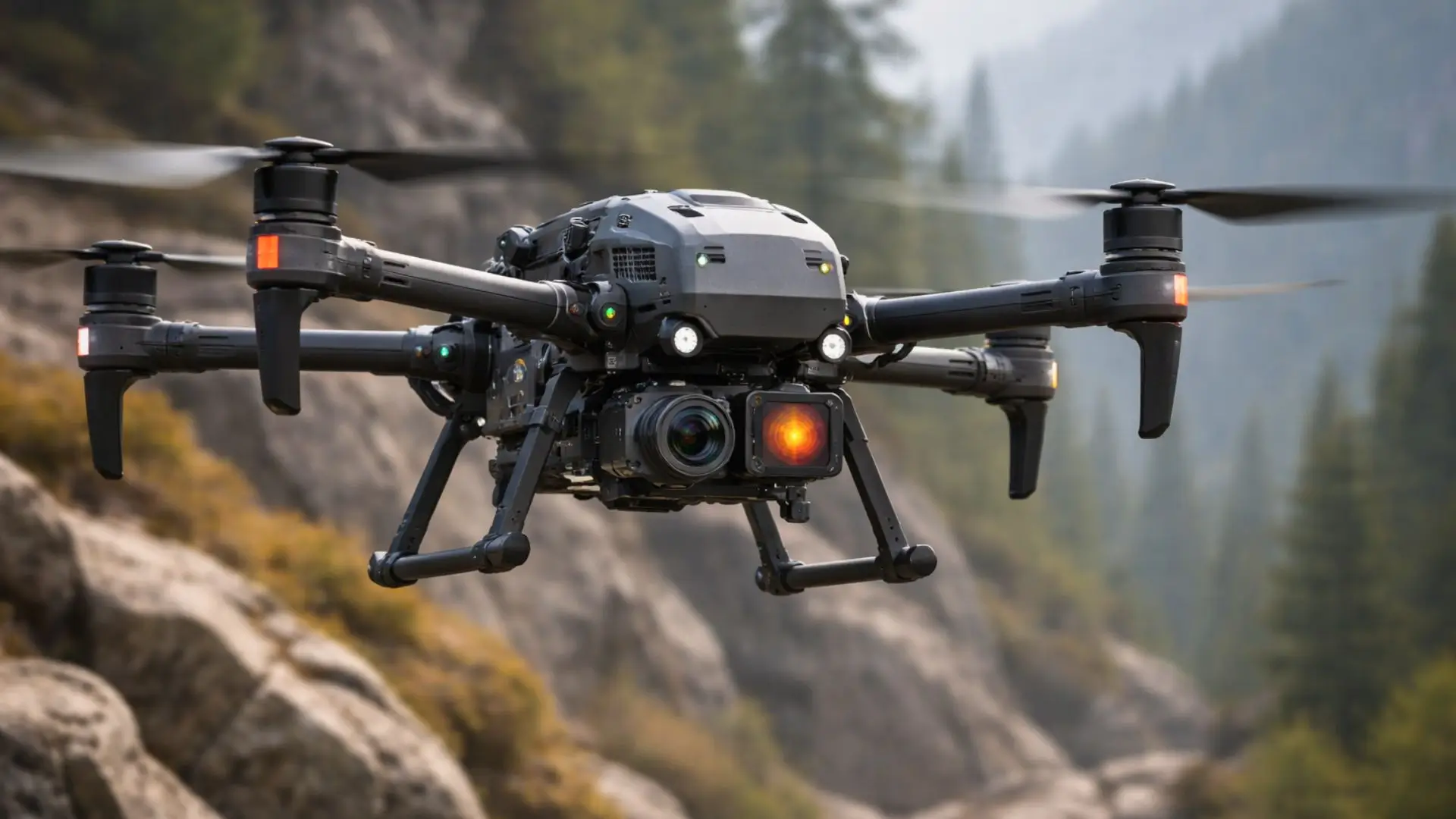 Un drone autonome de recherche et sauvetage vole au-dessus d’un paysage montagneux boisé, avec capteurs thermiques et optiques visibles.