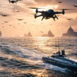 Essaim de drones militaires volant au-dessus du détroit de Taïwan tandis que des drones navals rapides traversent la mer au lever du soleil, avec des silhouettes de navires de guerre à l’horizon.