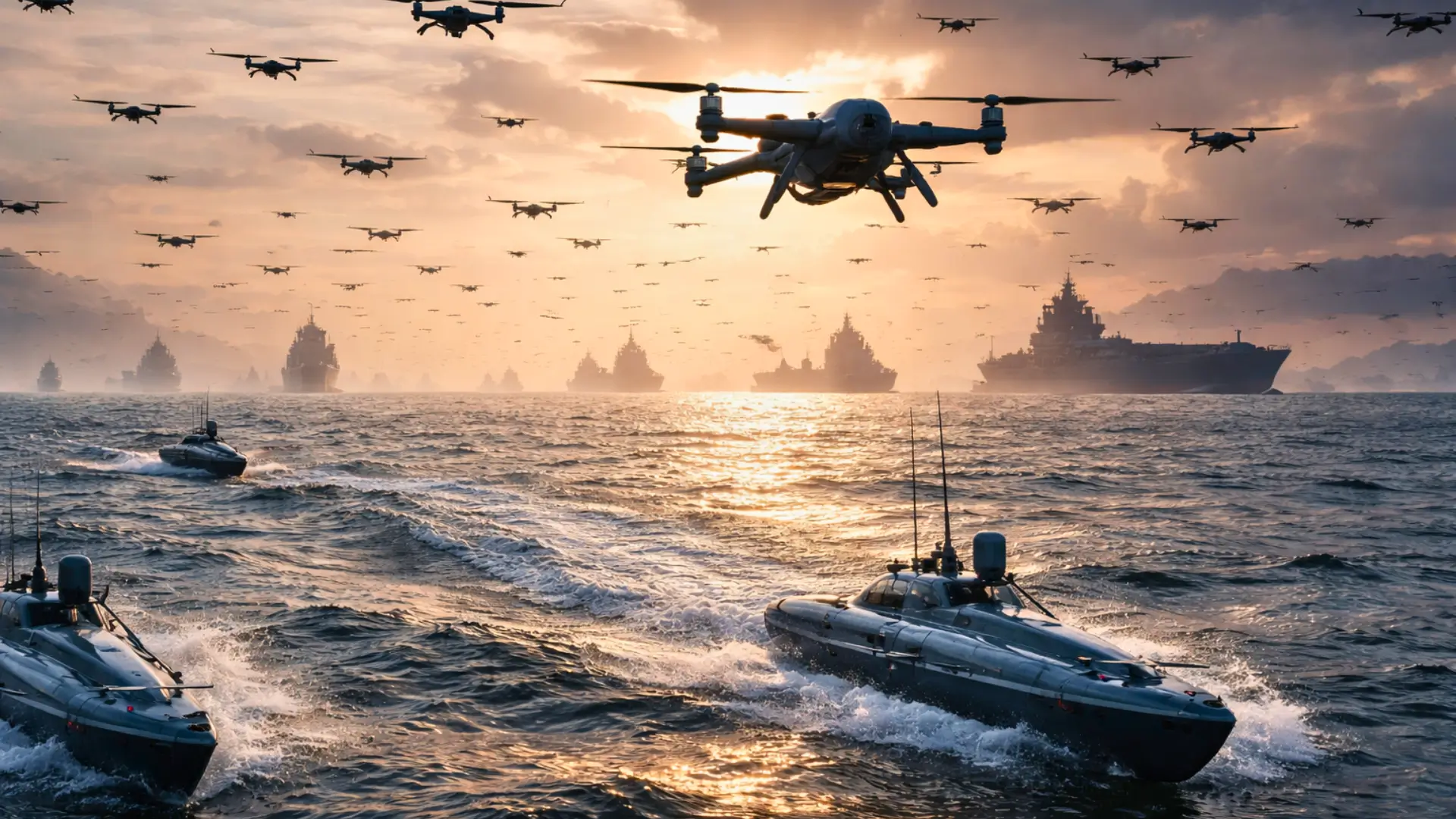 Essaim de drones militaires volant au-dessus du détroit de Taïwan tandis que des drones navals rapides traversent la mer au lever du soleil, avec des silhouettes de navires de guerre à l’horizon.