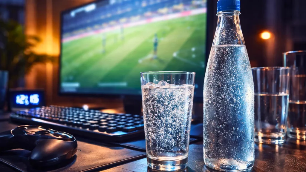 Une bouteille d’eau pétillante et un verre rempli de bulles posés sur un bureau face à un écran d’ordinateur pendant une session de jeu nocturne.