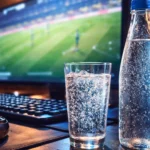 Une bouteille d’eau pétillante et un verre rempli de bulles posés sur un bureau face à un écran d’ordinateur pendant une session de jeu nocturne.