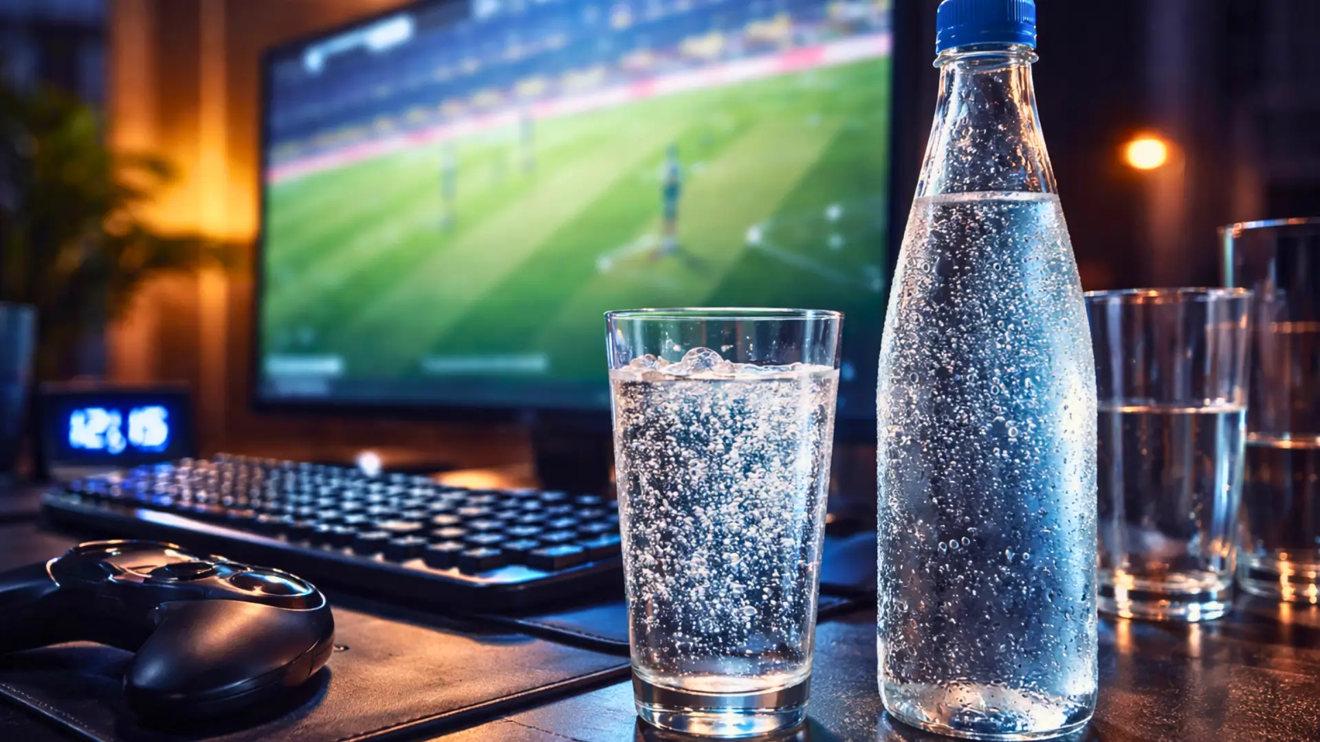 Une bouteille d’eau pétillante et un verre rempli de bulles posés sur un bureau face à un écran d’ordinateur pendant une session de jeu nocturne.