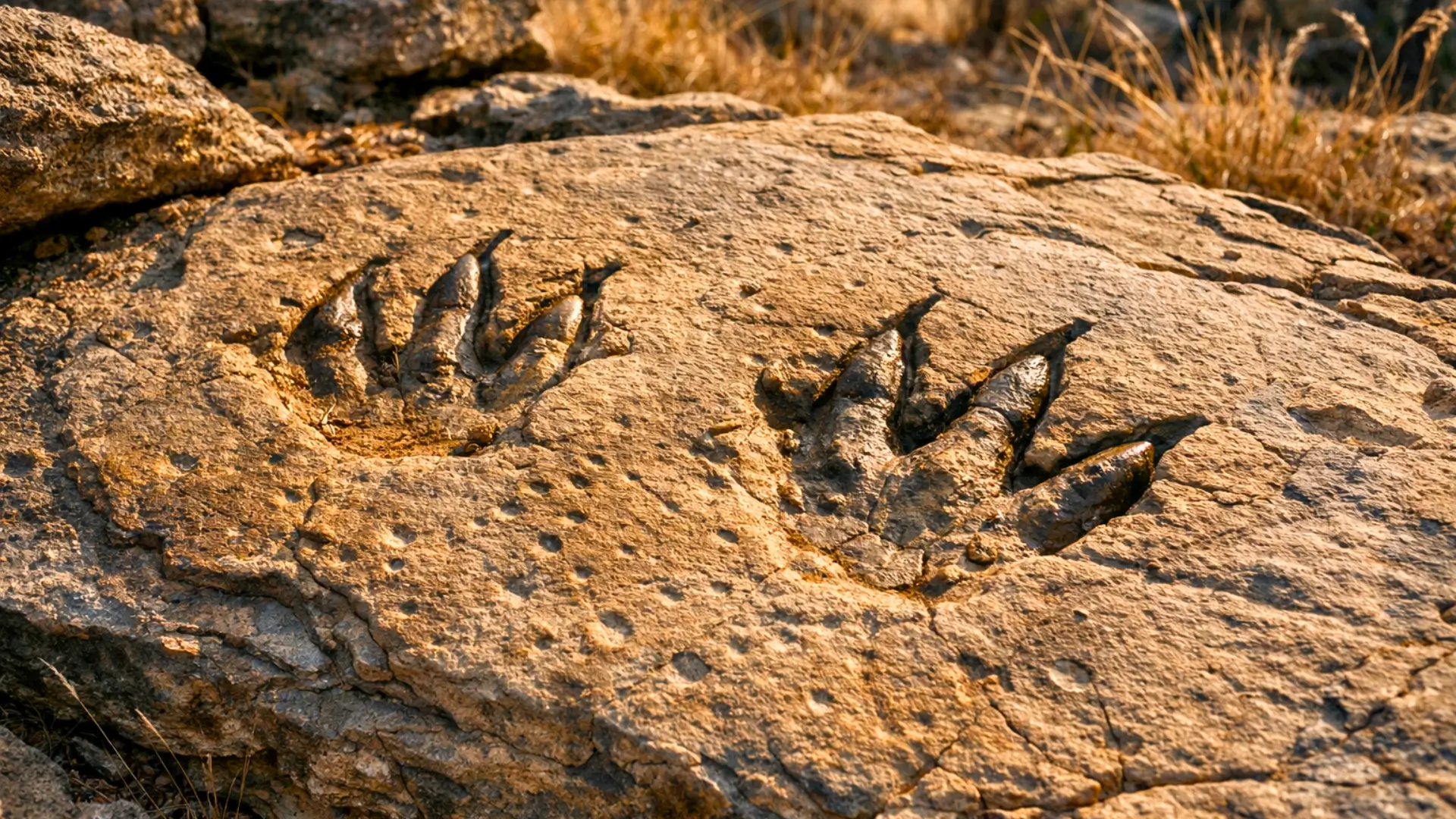 Empreintes fossiles avec marques de griffes visibles dans une dalle de grès vieille de 355 millions d’années découverte dans l’État de Victoria, en Australie.