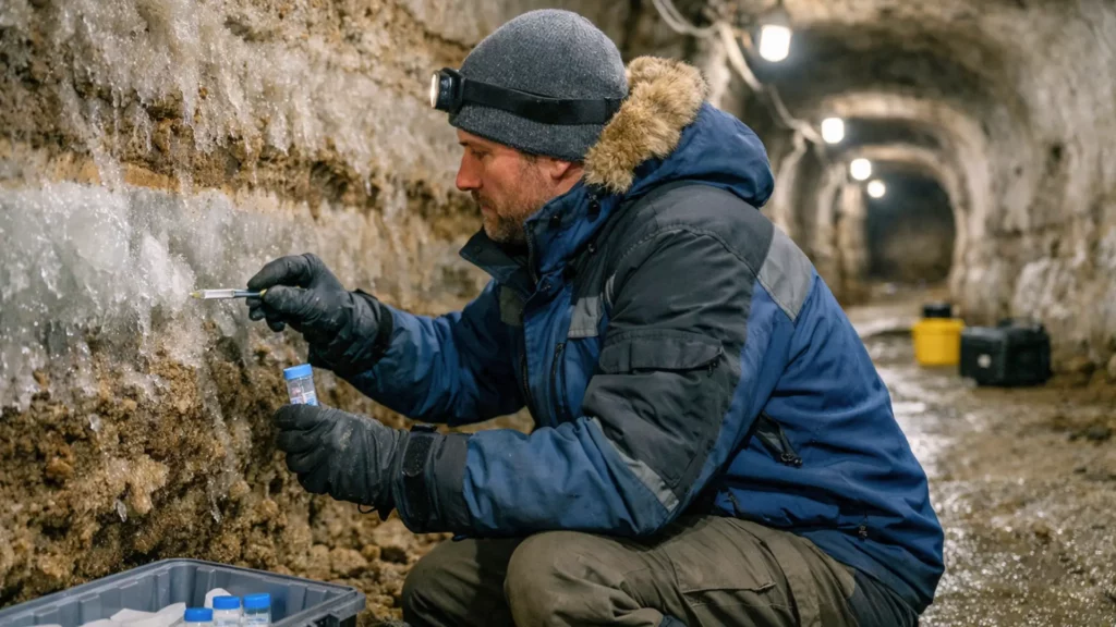 Scientifique prélevant un échantillon de glace dans un tunnel de pergélisol en Alaska