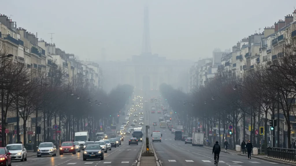 Paris sous un nuage de pollution avec circulation dense et visibilité réduite autour de l’Arc de Triomphe