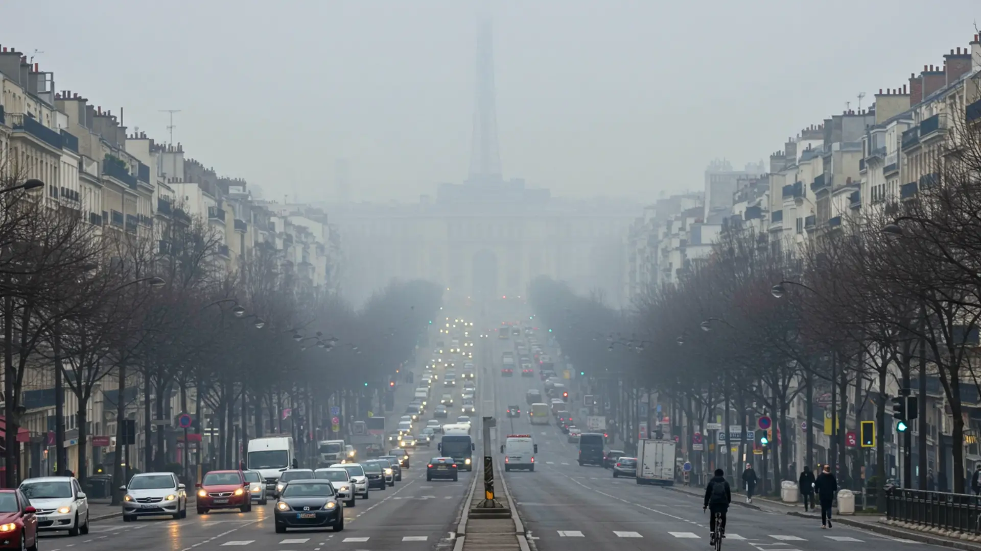 Paris sous un nuage de pollution avec circulation dense et visibilité réduite autour de l’Arc de Triomphe