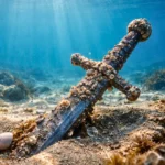 Une épée de chevalier des croisades, couverte de coquillages et de concrétions marines, partiellement enfouie dans le sable au fond de la mer au large d’Israël.