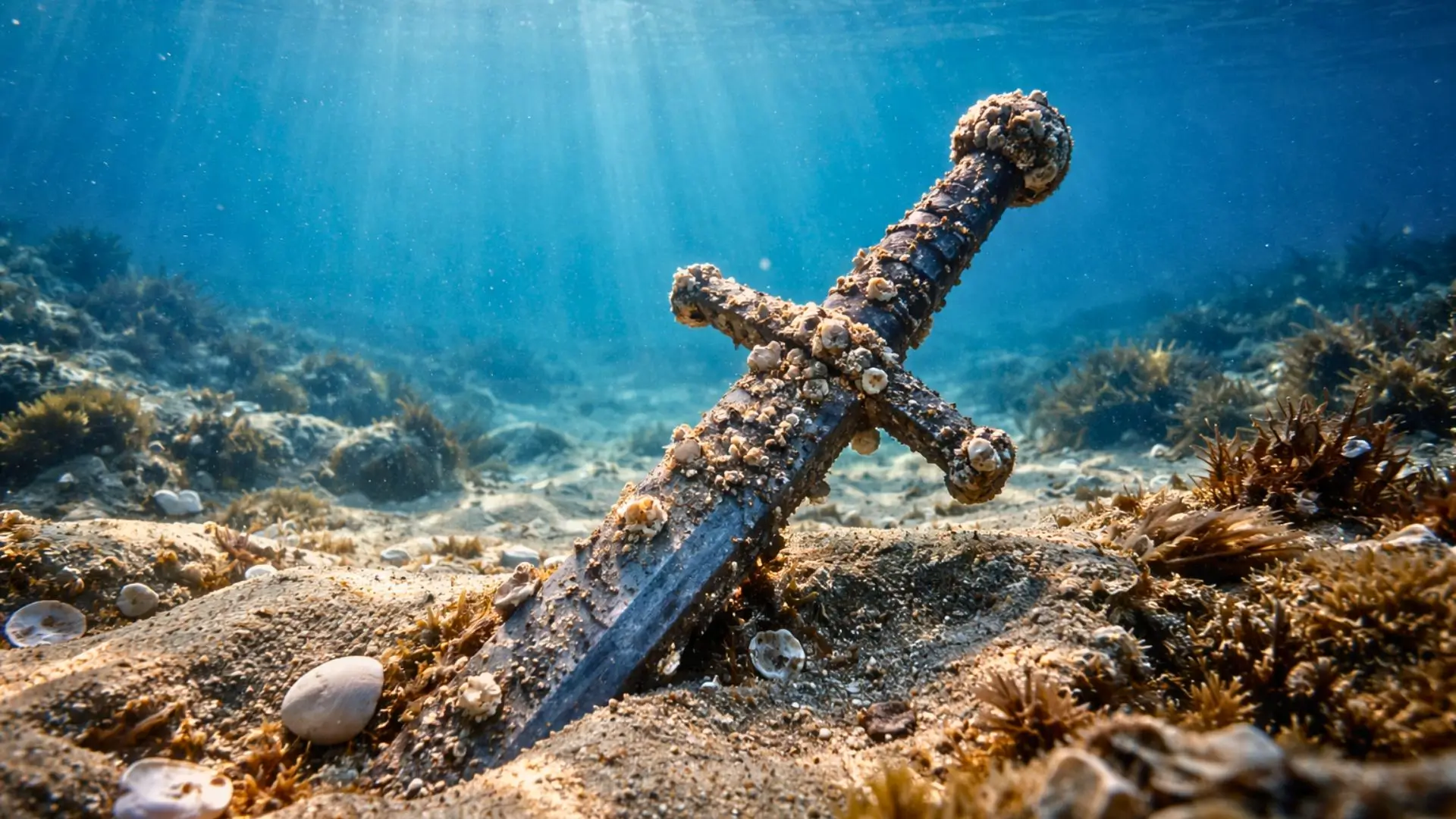 Une épée de chevalier des croisades, couverte de coquillages et de concrétions marines, partiellement enfouie dans le sable au fond de la mer au large d’Israël.