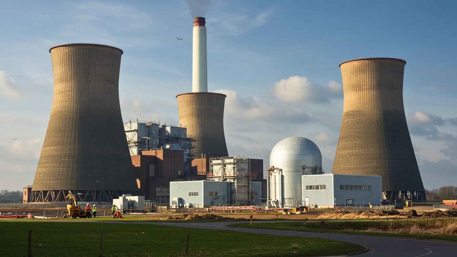 Ancienne centrale à charbon britannique avec tours de refroidissement en cours de transformation pour un projet de fusion nucléaire