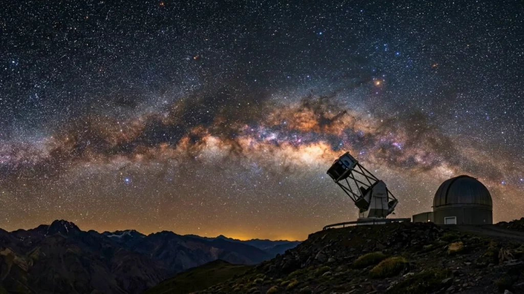 Un ciel nocturne montrant la Voie lactée au-dessus d’un observatoire astronomique, avec un champ d’étoiles dense évoquant les plus vieilles étoiles de notre galaxie.
