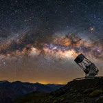 Un ciel nocturne montrant la Voie lactée au-dessus d’un observatoire astronomique, avec un champ d’étoiles dense évoquant les plus vieilles étoiles de notre galaxie.