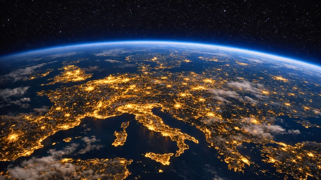 Vue nocturne de l’Europe depuis l’orbite terrestre, montrant les villes illuminées en France, Italie et Allemagne avec la courbure de la Terre visible.