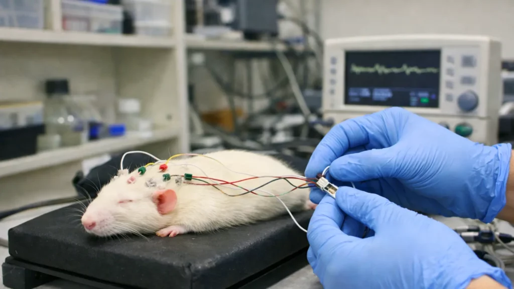 Un rat de laboratoire anesthésié équipé d’électrodes EEG pendant une expérience de neurosciences dans un laboratoire universitaire.