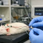 Un rat de laboratoire anesthésié équipé d’électrodes EEG pendant une expérience de neurosciences dans un laboratoire universitaire.
