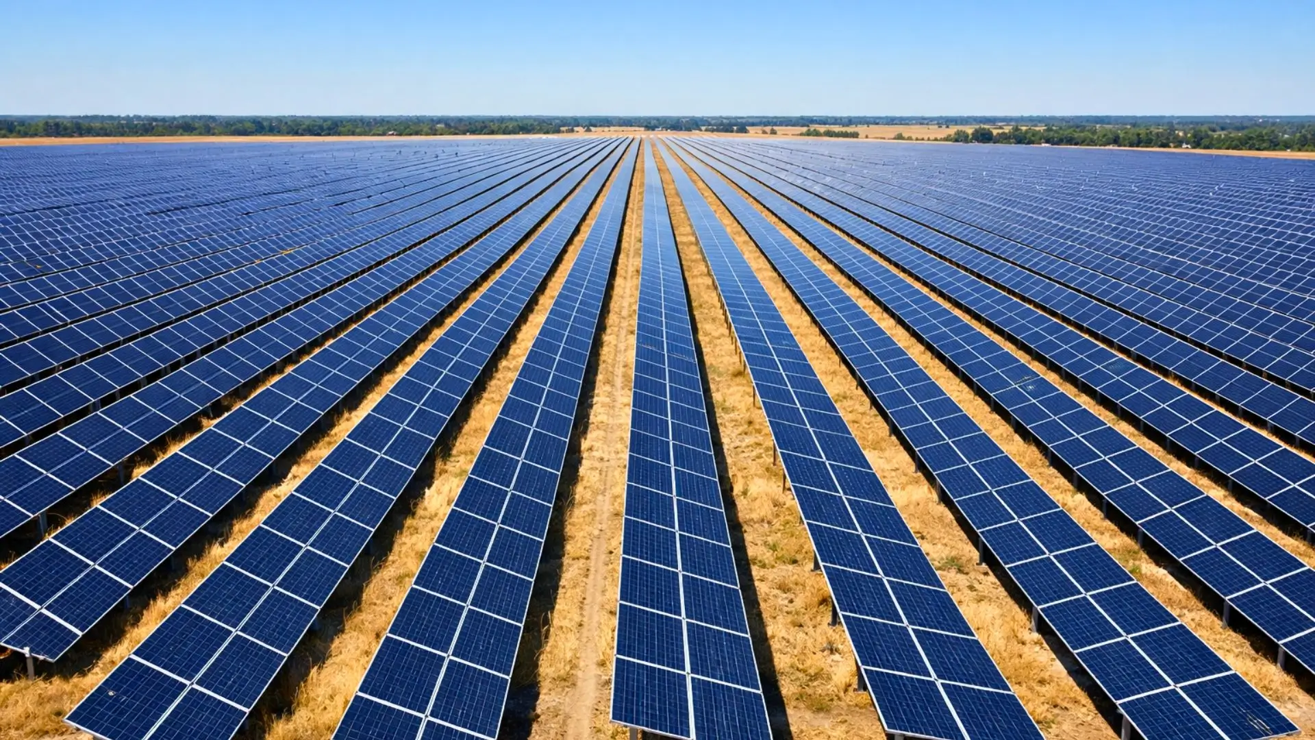 Vue aérienne ultra-réaliste d’une vaste ferme solaire avec des rangées de panneaux photovoltaïques alignées sur un paysage rural sec sous un ciel bleu.