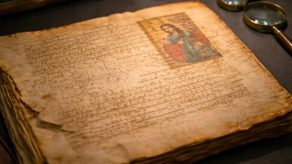 Un ancien feuillet manuscrit attribué au palimpseste d’Archimède, posé sur une table de musée, laisse apparaître des écritures et figures anciennes partiellement masquées par une image religieuse.