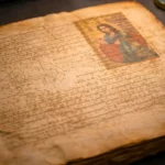 Un ancien feuillet manuscrit attribué au palimpseste d’Archimède, posé sur une table de musée, laisse apparaître des écritures et figures anciennes partiellement masquées par une image religieuse.