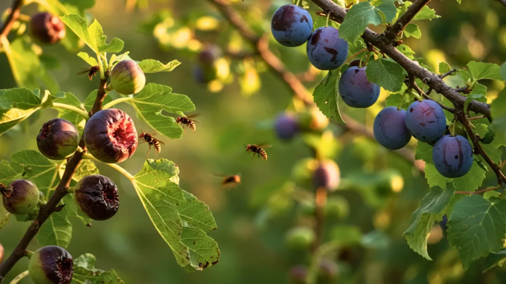 Frelons asiatiques attirés par des figues et des prunes mûres dans un verger en fin d’été