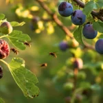Frelons asiatiques attirés par des figues et des prunes mûres dans un verger en fin d’été