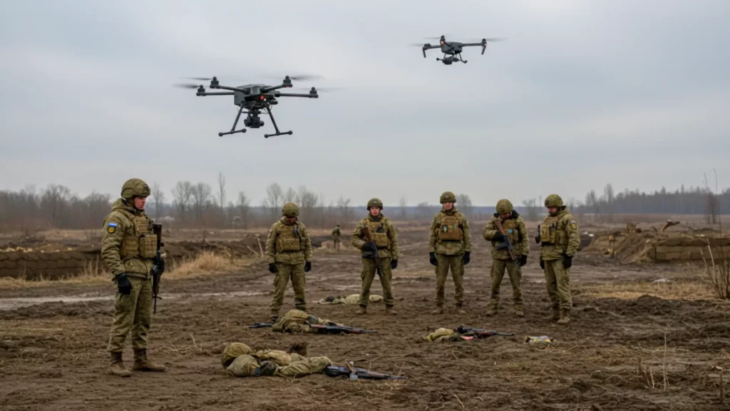 Soldats russes déposant leurs armes devant des drones militaires près de Kharkiv pendant la guerre en Ukraine