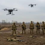 Soldats russes déposant leurs armes devant des drones militaires près de Kharkiv pendant la guerre en Ukraine
