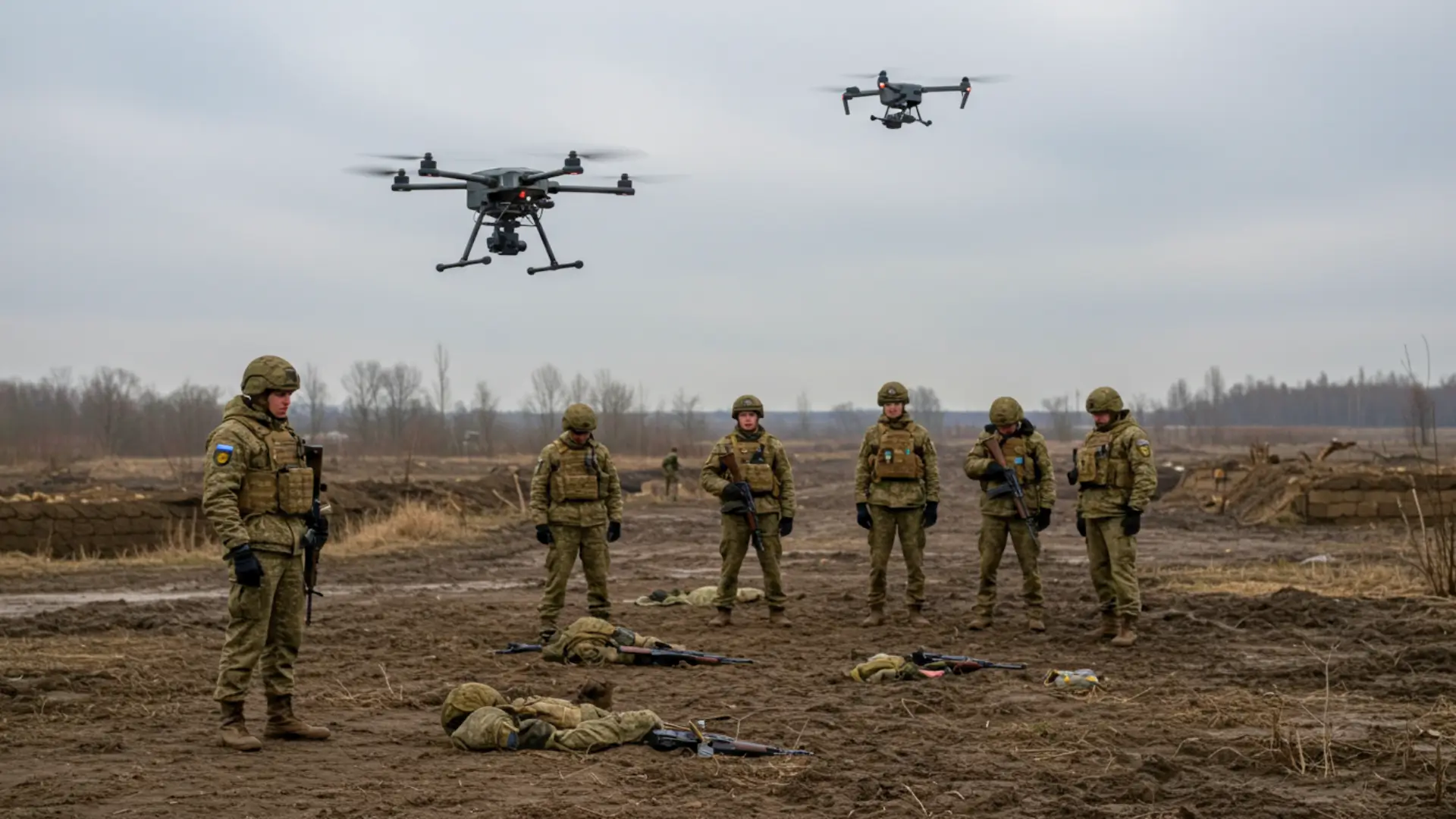 Soldats russes déposant leurs armes devant des drones militaires près de Kharkiv pendant la guerre en Ukraine