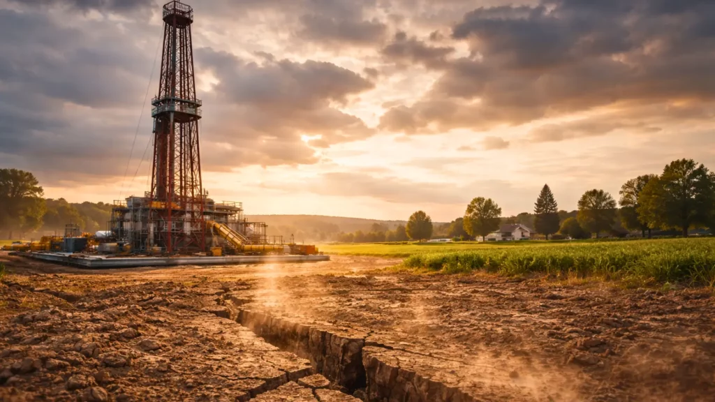 Une tour de forage géothermique domine des champs en Alsace, avec un sol fissuré au premier plan suggérant des secousses souterraines.