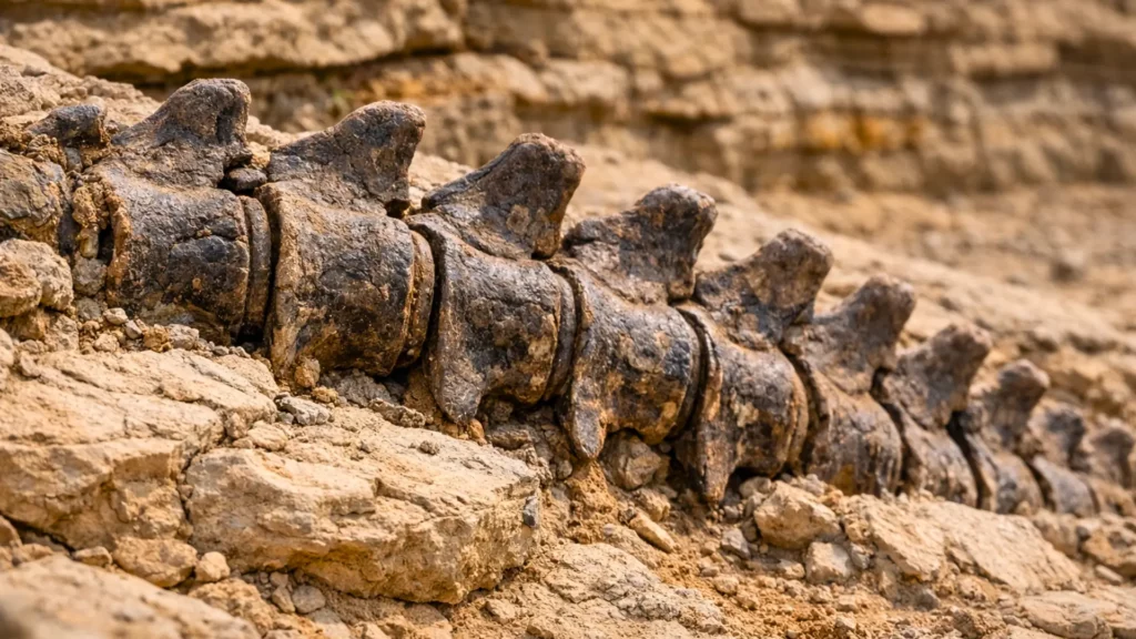 Colonne vertébrale fossilisée d’un dinosaure sauropode datant de 165 millions d’années, partiellement dégagée dans la roche du désert chinois.