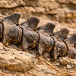 Colonne vertébrale fossilisée d’un dinosaure sauropode datant de 165 millions d’années, partiellement dégagée dans la roche du désert chinois.