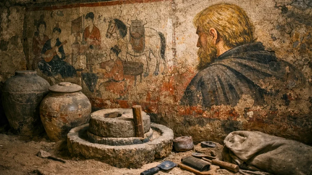 Fresque ancienne d’une tombe de la dynastie Tang montrant des scènes de vie quotidienne et un personnage aux cheveux blonds vu de profil dans une peinture murale.