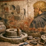 Fresque ancienne d’une tombe de la dynastie Tang montrant des scènes de vie quotidienne et un personnage aux cheveux blonds vu de profil dans une peinture murale.